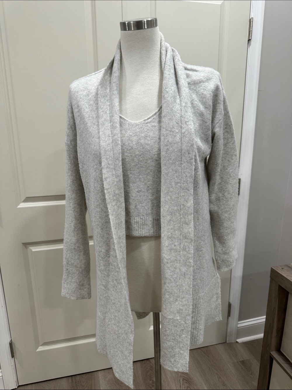 Tahari Light Gray Open-Front Cardigan with Matching Knit Tank